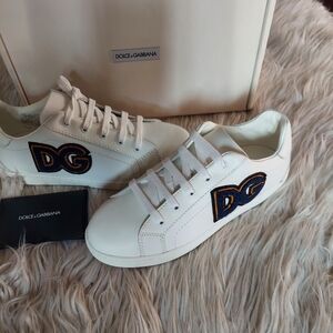 Dolce & Gabbana Kids White Sneakers with Black and Gold Logo